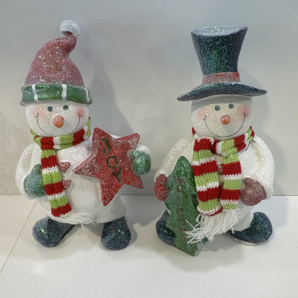 Snowmen Set Of 2 Holiday Decor Glitter Christmas JOY
